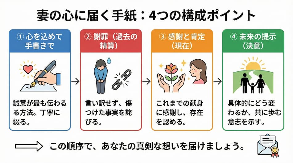 妻に手紙を書く際の4つのポイントの図解