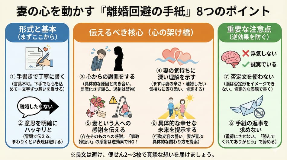 妻との離婚を避けるための手紙のポイントの図解
