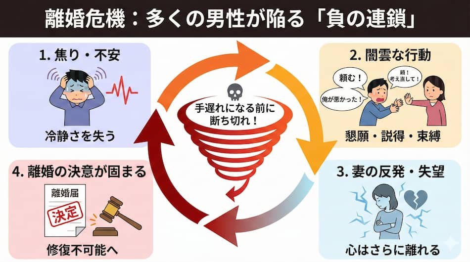 「離婚危機に瀕した多くの男性は間違った行動をする」の図解