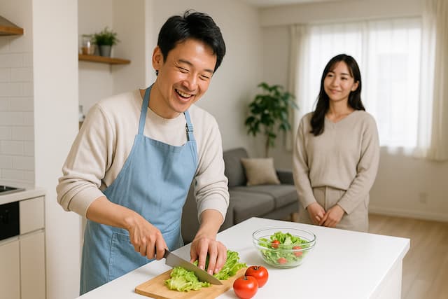料理をする夫の画像