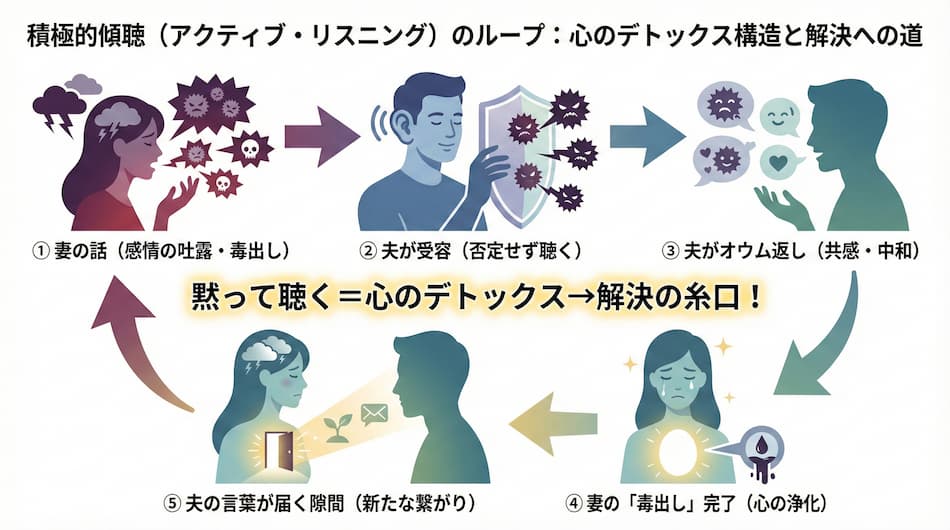 積極的傾聴のループ:妻の心のデトックス構造と解決への道の図解